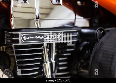 Moscow. November 2018. Orange Harley Davidson stands in the garage..twin cam screamin eagle 110 engine Stock Photo