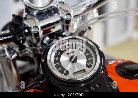 Moscow. November 2018. Orange Harley Davidson stands in the garage..twin cam screamin eagle 110 engine Stock Photo
