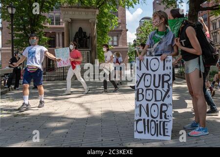 A coalition of pro-choice and civil rights groups protest the event 'Jesus Matters,' organized by two anti-abortion hate groups, Love Life and Operation America, and headlined by far-right minister Flip Benham, who was featured in the documentary 'AKA Jane Roe', in Cooper Triangle in New York City on June 20, 2020. (Photo by Gabriele Holtermann/Sipa USA) Credit: Sipa USA/Alamy Live News Stock Photo