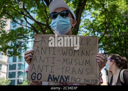 A coalition of pro-choice and civil rights groups protest the event 'Jesus Matters,' organized by two anti-abortion hate groups, Love Life and Operation America, and headlined by far-right minister Flip Benham, who was featured in the documentary 'AKA Jane Roe', in Cooper Triangle in New York City on June 20, 2020. (Photo by Gabriele Holtermann/Sipa USA) Credit: Sipa USA/Alamy Live News Stock Photo