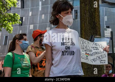 A coalition of pro-choice and civil rights groups protest the event 'Jesus Matters,' organized by two anti-abortion hate groups, Love Life and Operation America, and headlined by far-right minister Flip Benham, who was featured in the documentary 'AKA Jane Roe', in Cooper Triangle in New York City on June 20, 2020. (Photo by Gabriele Holtermann/Sipa USA) Credit: Sipa USA/Alamy Live News Stock Photo