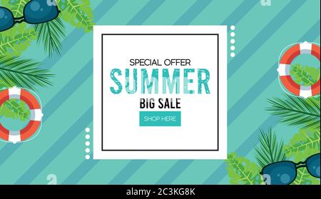summer holidays sale poster with square frame vector illustration design Stock Vector