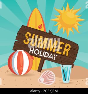 summer holiday label with beach balloon vector illustration design Stock Vector