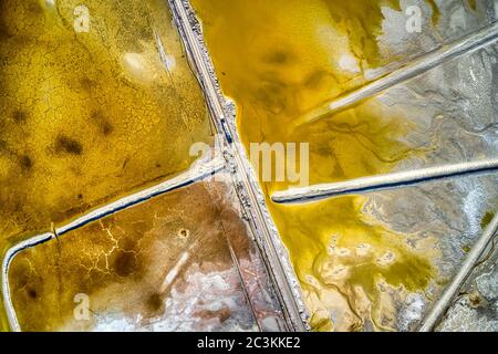 Aerial shot of a yellow salt lake in Searles, California Stock Photo