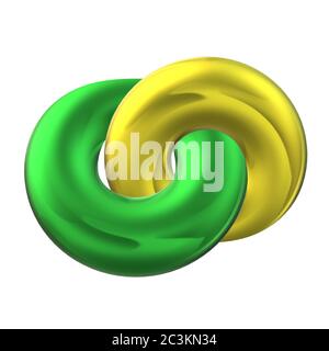 green and yellow metal colored shiny donuts shape interconnected at the center isolated on white background Stock Photo