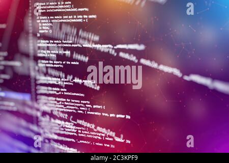 Abstract computer script code. Programming code screen of software developer. Software Programming Work Time. Code text written and created entirely b Stock Photo