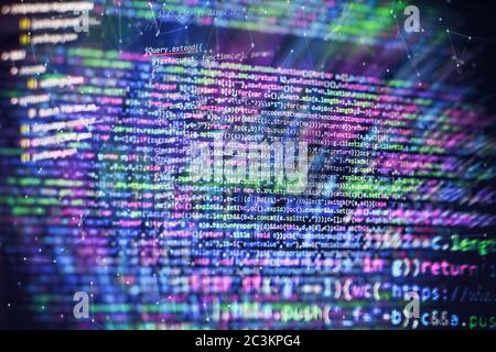 Abstract computer script code. Programming code screen of software developer. Software Programming Work Time. Code text written and created entirely b Stock Photo