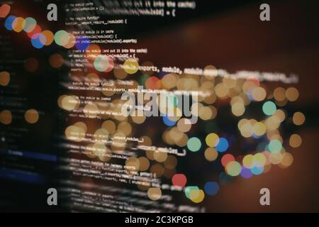 Abstract computer script code. Programming code screen of software developer. Software Programming Work Time. Code text written and created entirely b Stock Photo