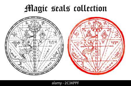 Design set of magic seals with wand and mystic symbols isolated on