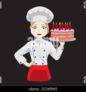 The chef is a woman with a cake in her hand on a black isolated background. Vector image. Cartoon Stock Vector