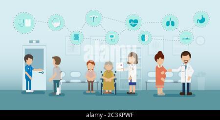 Health check concept with doctor and icons flat design vector illustration Stock Vector