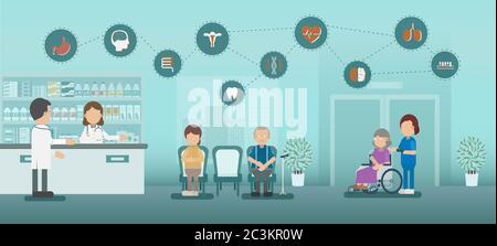 Health check concept with doctors and icons flat design vector illustration Stock Vector