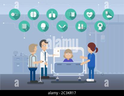 Medical service with doctor with elder patient in bed flat design vector illustration Stock Vector