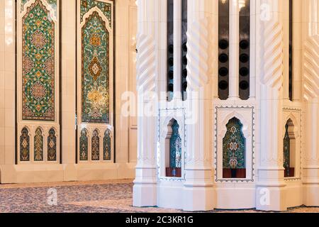 Muscat, Oman - February 28, 2016: Interior of Sultan Qaboos Grand Mosque in Muscat, Oman. This is the largest and most decorated mosque in this mostly Stock Photo