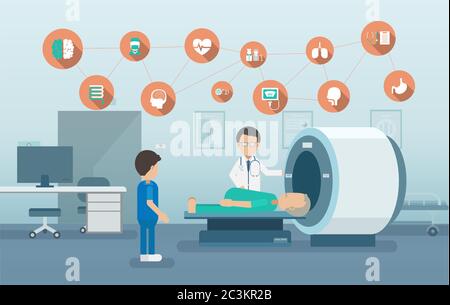 Medical service with doctor and patient in mri scanner flat design vector illustration Stock Vector