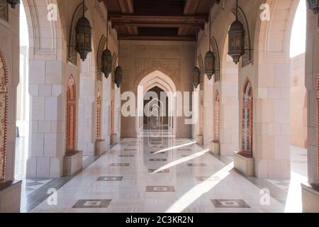 Muscat, Oman - February 28, 2016: Archway at Sultan Qaboos Grand Mosque in Muscat, Oman. This is the largest and most decorated mosque in this mostly Stock Photo