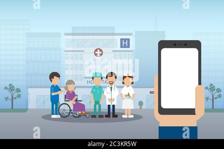 Elder care concept with medical staffs take care of elder patient and blank screen mobile phone flat design vector illustration Stock Vector