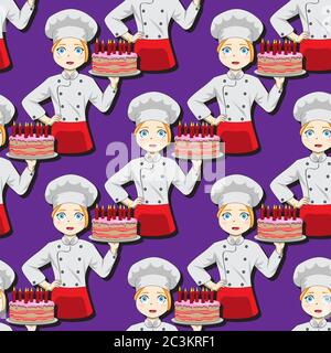 seamless pattern of a girl cook with a cake in her hands on a purple background. Vector image Stock Vector