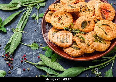 Shortbread cookies with spicy herbs.Cookies with sage,thyme and rosemary. Stock Photo