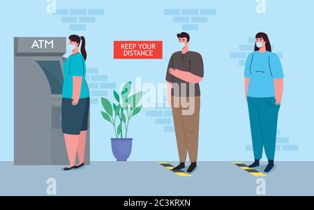 social distancing and coronavirus covid 19 prevention, maintain a safe distance from others when using atm Stock Vector