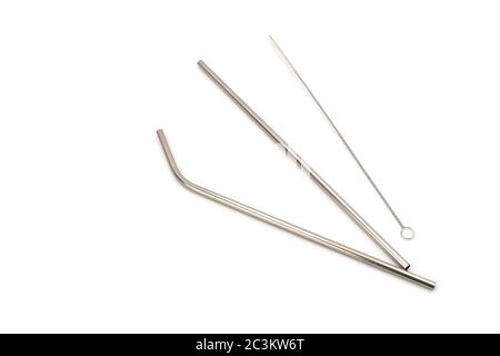 Straight and Curve Stainless straw with cleaning brush on the white background. Stock Photo