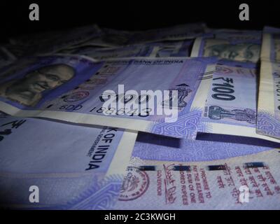 Indian currency,over background as black. Stock Photo