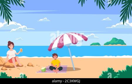 couple is enjoying and drinking on beach Stock Vector