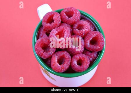 Fresh juicy tasty raspberries into white cup mug with green round top view close up isolated on pink background. Stock Photo