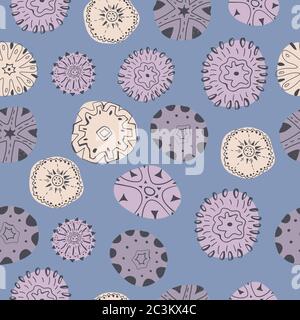 Abstract geometric decorative seamless pattern. Hand drawn pebbles with ornament on lilac background. Stock Vector