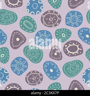 Abstract geometric decorative seamless pattern. Hand drawn pebbles with ornament on lilac background. Stock Vector