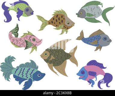 Isolated fish set. Set of freshwater aquarium cartoon fishes. Varieties of ornamental popular color fish. Flat design fish. Vector illustration, fishe Stock Vector