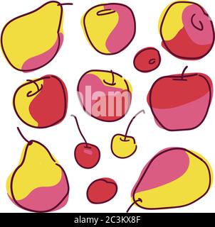 Vector set with pears, apples and cherry. Stock Vector