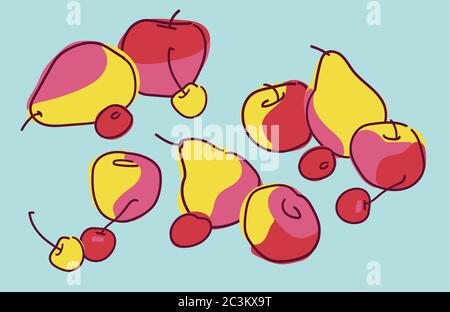 Vector still life with pears, apples and cherry. Stock Vector