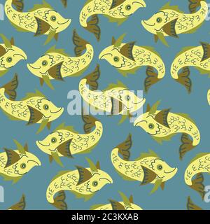 Seamless pattern of freshwater aquarium cartoon fishes. Vector illustration in sketch style. Design concept. Stock Vector