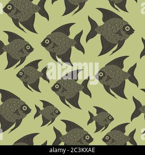 Seamless pattern of freshwater aquarium cartoon fishes. Vector illustration in sketch style. Design concept. Stock Vector