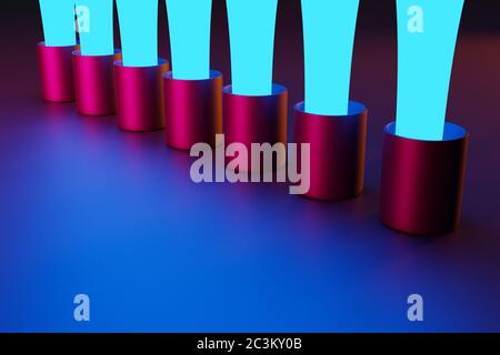 3D rendering. Сlose blue stream of water drops in black and pink circles on a pink isolated background. Concept of a neon mug with a stream of water. Stock Photo