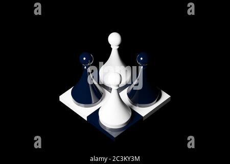 3d illustration white and black chess, checkers on a chessboard on a black background. Chess pieces lined up on the chessboard. Concept picture concer Stock Photo