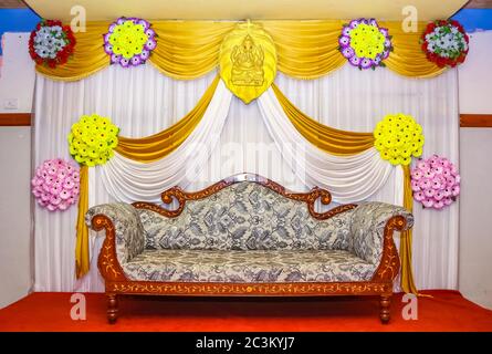 Wedding stage photography. Beautiful decoration wedding ceremony. Yellow  themed indian wedding stage set  Decor for a Wedding Stock Photo -  Alamy