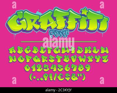 Lime graffiti vector font. Capital letters, numbers and glyps alphabet. Fully customizable colors. Stock Vector