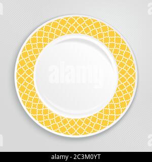 Decorative plate with patterned border, on gray background, top view. Vector illustration. Stock Vector