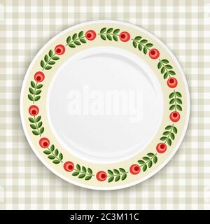 Decorative plate with patterned floral border, on gingham tablecloth. Blank plate, top view. Vector illustration. Stock Vector