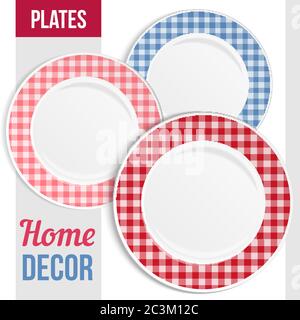 Dishware crockery set. Set of three matching design decorative plates for interior design with abstract pattern. Empty plate vector illustration, isol Stock Vector