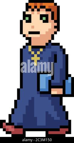 vector pixel art teenager priest isolated cartoon Stock Vector