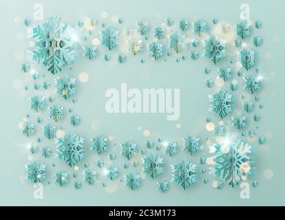Merry Christmas and Happy New Year greeting template frame with foil snowflakes for holiday posters, placards, banners, flyers and brochures. EPS 10 Stock Vector