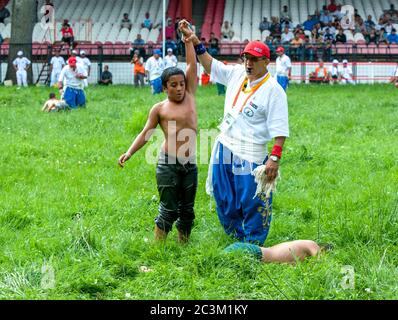 A young wrestler has his arm raised by a referee after defeating his opponent at the Kirkpinar Turkish Oil Wrestling Festival at Edirne in Turkey. Stock Photo