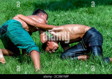 Young wrestlers battle for victory at the Kirkpinar Turkish Oil Wrestling Festival at Edirne in Turkey. Stock Photo