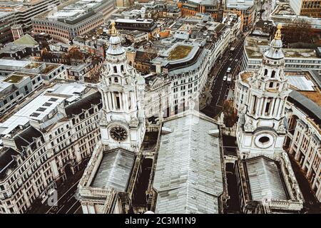 Aerial view of the clock towers of St. Paul's Cathedral captured in London, UK Stock Photo