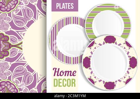 Pattern and Set of 3 matching decorative plates with this pattern applied. Top view of three empty plates. Vector illustration. Stock Vector