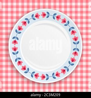 Decorative plate with patterned floral border, on gingham tablecloth. Blank plate, top view. Vector illustration. Stock Vector
