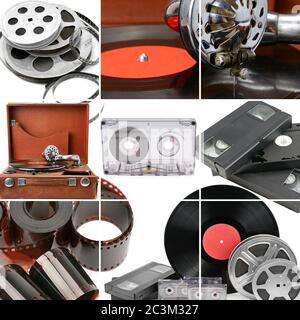 A collage of retro music and photo and video equipment. Gramophone, vinyl record, videocassettes and audiocassettes isolated on white. background Stock Photo